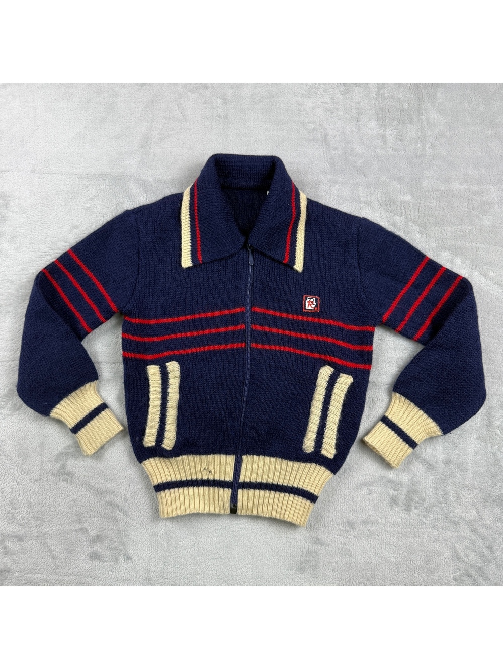 VTG Ritmo NZA Wool Blend Full Zip Knit Sweater Jacket 3T Navy Red Striped 70s